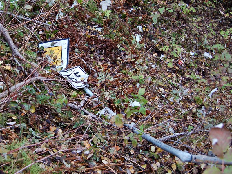 Veiskiltet hadde havnet lang nedi skråningen  
