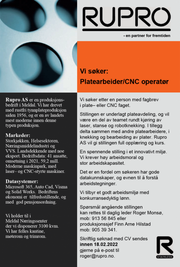 www.meldal.no - RUPRO søker platearbeider/CNC operatør